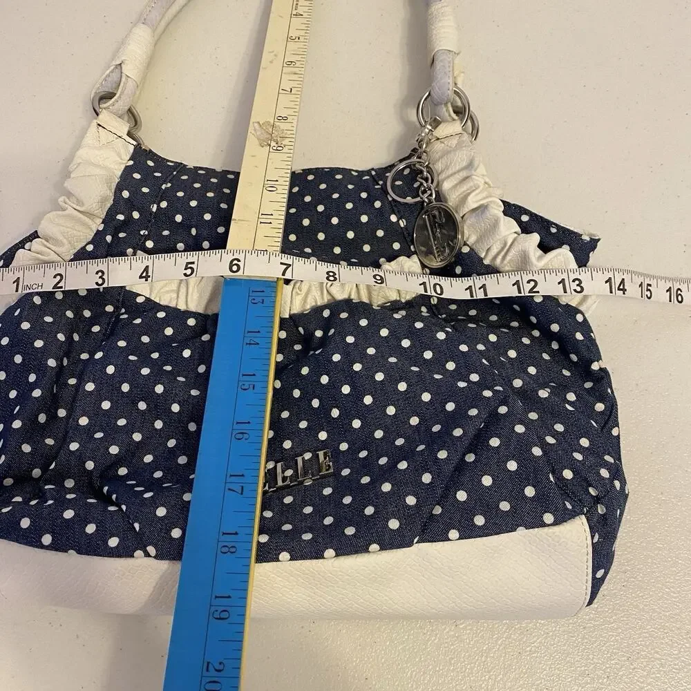 Elle Purse Shoulder Bag Hobo Bohemian NavyBlue Polka Dots White FauxLeather Y2K - Picture 3 of 7